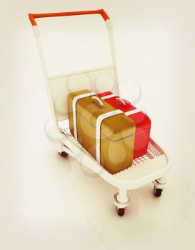 Trolley for luggage at the airport and luggage. 3D illustration. Vintage style.