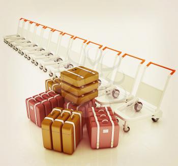 Trolleys for luggages at the airport and luggages . 3D illustration. Vintage style.