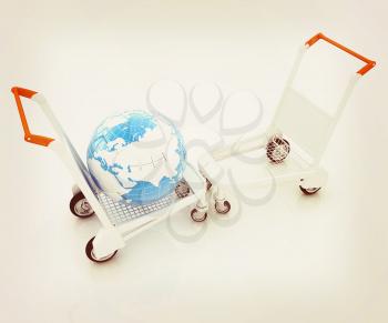 Trolley for luggage at the airport and earth. International tourism concept. 3D illustration. Vintage style.