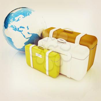 travel bags and earth on white . 3D illustration. Vintage style.