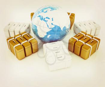 travel bags and earth on white . 3D illustration. Vintage style.