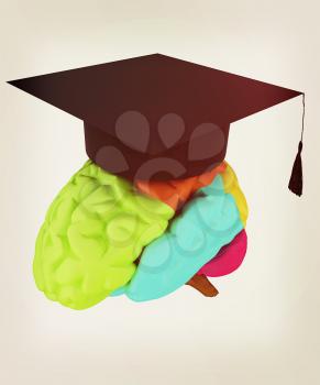 graduation hat on brain. 3D illustration. Vintage style.