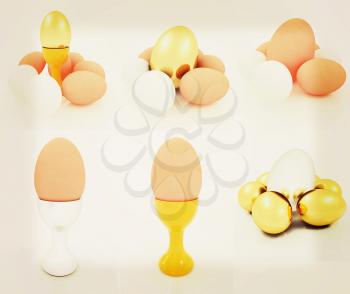 Eggs, gold easter egg and egg cups. Easter set. 3D illustration. Vintage style.
