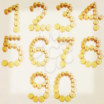 Numbers of gold coins with dollar sign isolated on white background. 3D illustration. Vintage style.