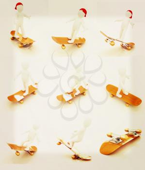Set of 3d white person with a skate and a cap. 3d image on a white background. 3D illustration. Vintage style.