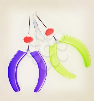 colorful pliers to work. 3D illustration. Vintage style.