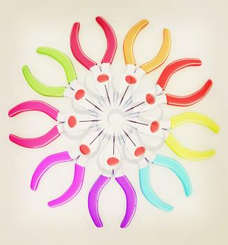 colorful pliers to work. 3D illustration. Vintage style.