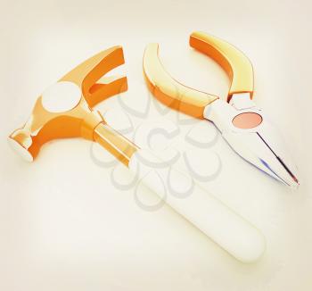 pliers and hammer. 3D illustration. Vintage style.