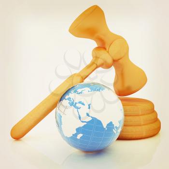 Wooden gavel and earth isolated on white background. Global auction concept. 3D illustration. Vintage style.