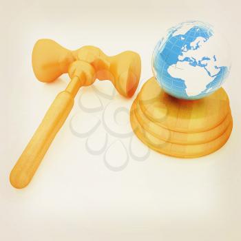 Wooden gavel and earth isolated on white background. Global auction concept. 3D illustration. Vintage style.