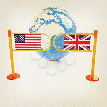 Three-dimensional image of the turnstile and flags of USA and UK on a white background . 3D illustration. Vintage style.