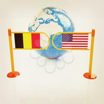Three-dimensional image of the turnstile and flags of USA and Belgium on a white background . 3D illustration. Vintage style.