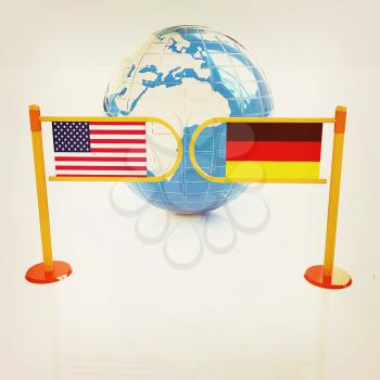 Three-dimensional image of the turnstile and flags of USA and Germany on a white background . 3D illustration. Vintage style.