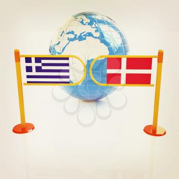 Three-dimensional image of the turnstile and flags of Denmark and Greece on a white background . 3D illustration. Vintage style.