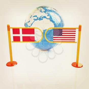 Three-dimensional image of the turnstile and flags of Denmark and USA on a white background . 3D illustration. Vintage style.