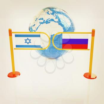 Three-dimensional image of the turnstile and flags of Russia and Israel on a white background . 3D illustration. Vintage style.