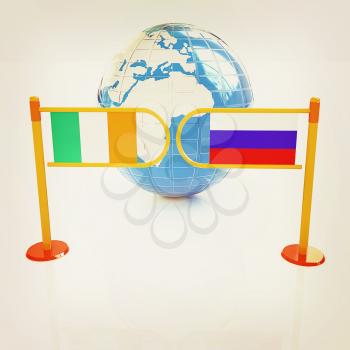 Three-dimensional image of the turnstile and flags of Ireland and Russia on a white background . 3D illustration. Vintage style.