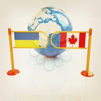 Three-dimensional image of the turnstile and flags of Canada and Ukraine on a white background . 3D illustration. Vintage style.