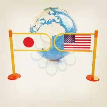Three-dimensional image of the turnstile and flags of USA and Japan on a white background . 3D illustration. Vintage style.