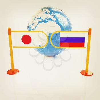 Three-dimensional image of the turnstile and flags of Japanese and Russia on a white background . 3D illustration. Vintage style.