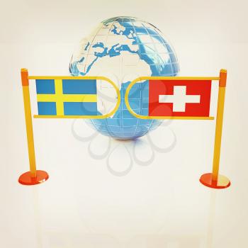 Three-dimensional image of the turnstile and flags of Switzerland and Sweden on a white background . 3D illustration. Vintage style.