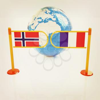 Three-dimensional image of the turnstile and flags of France and Norway on a white background . 3D illustration. Vintage style.