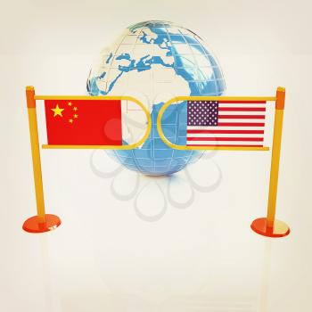 Three-dimensional image of the turnstile and flags of USA and China on a white background . 3D illustration. Vintage style.