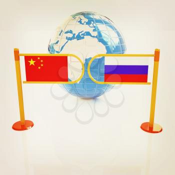 Three-dimensional image of the turnstile and flags of China and Russia on a white background . 3D illustration. Vintage style.