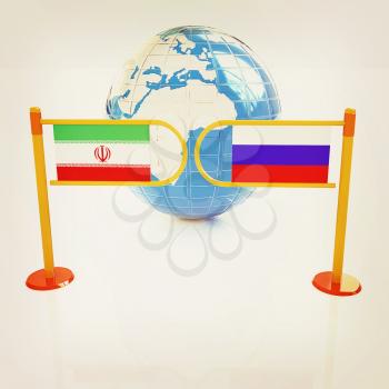 Three-dimensional image of the turnstile and flags of Russia and Iran on a white background . 3D illustration. Vintage style.
