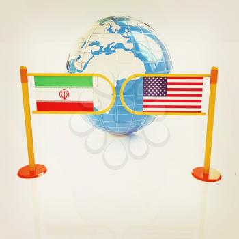 Three-dimensional image of the turnstile and flags of USA and Iran on a white background . 3D illustration. Vintage style.