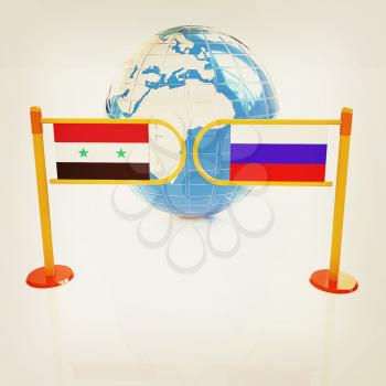 Three-dimensional image of the turnstile and flags of Russia and Syria on a white background . 3D illustration. Vintage style.