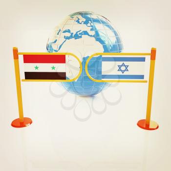 Three-dimensional image of the turnstile and flags of Israel and Syria on a white background . 3D illustration. Vintage style.