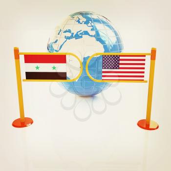 Three-dimensional image of the turnstile and flags of USA and Syria on a white background . 3D illustration. Vintage style.