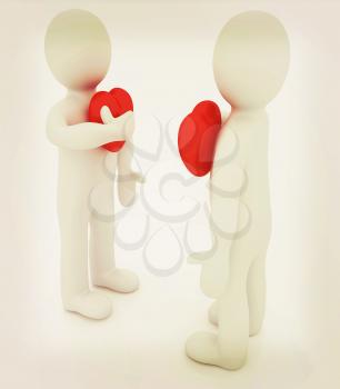 3d mans holding his hand to his heart. Concept: From the heart . 3D illustration. Vintage style.