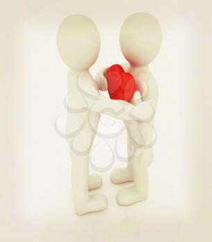 3d mans holding his hand to his heart and 3d people hug . Concept: From the heart . 3D illustration. Vintage style.