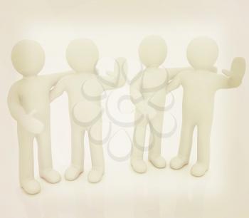 Friends standing next to an embrace and raised one's hand for greeting. 3d image. Isolated white background. . 3D illustration. Vintage style.