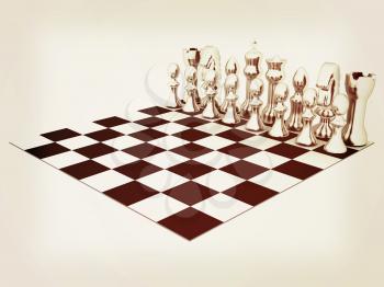 Chessboard with chess pieces. 3D illustration. Vintage style.