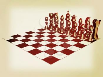 Chessboard with chess pieces. 3D illustration. Vintage style.