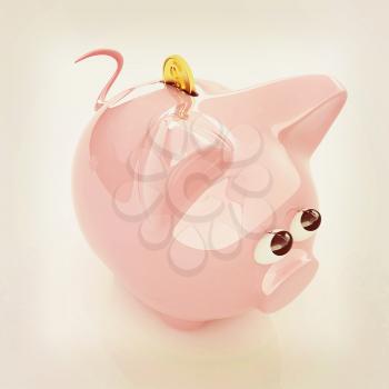Piggy bank with gold coin on white. 3D illustration. Vintage style.