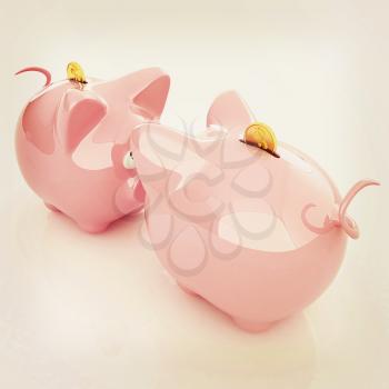 Piggy bank with gold coin on white. 3D illustration. Vintage style.
