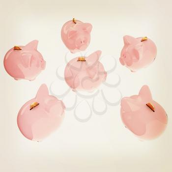 gold coin with with the piggy banks. 3D illustration. Vintage style.