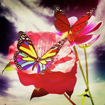 Beautiful Flower and butterfly against the sky . 3D illustration. Vintage style.