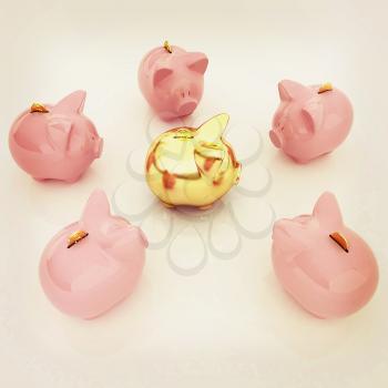 gold coin with with the piggy banks. 3D illustration. Vintage style.