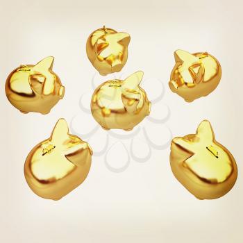 gold coin with with the gold piggy banks. 3D illustration. Vintage style.