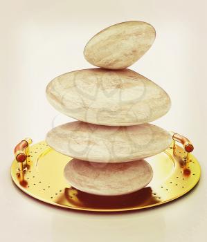 Spa stones on tray. 3D illustration. Vintage style.