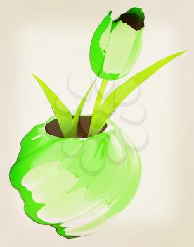 Tulips with leaf in vase. 3D illustration. Vintage style.