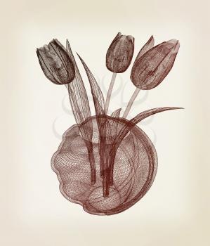 Tulips with leaf in vase. 3D illustration. Vintage style.