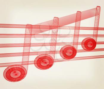 3D music note on staves. 3D illustration. Vintage style.