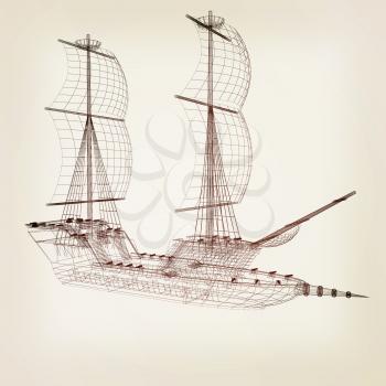 3d model ship. 3D illustration. Vintage style.