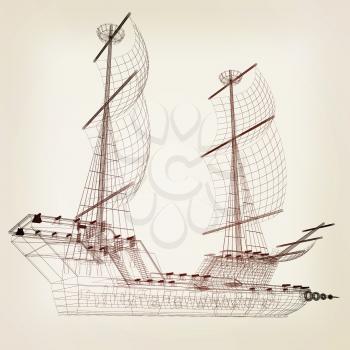 3d model ship. 3D illustration. Vintage style.